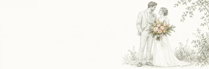 Brudpar med en bukett i kräm och rosa, illustrerat med tunna blyertslinjer.