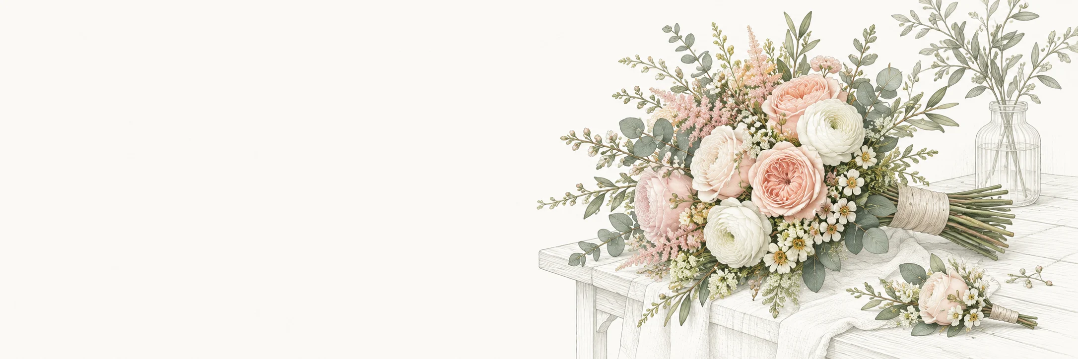Brudbukett i krämfärgade och rosa rosor med eukalyptus på ett lätt tecknat floristbord.