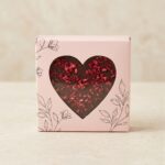 Belgiskt chokladhjärta med hallonbitar i rosa presentask med hjärtformat fönster