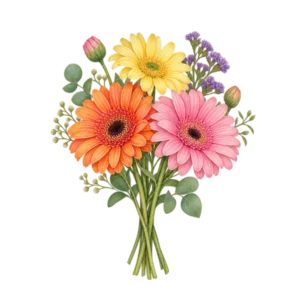 En liten färgglad bukett med gerbera och gula blommor.