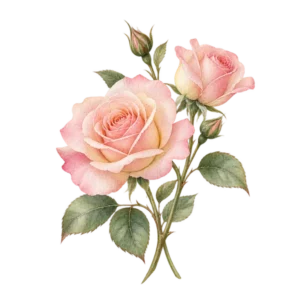 Två rosa rosor med gröna blad.