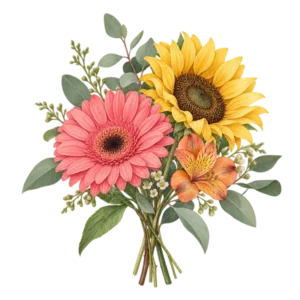 Gerbera och solros i en färgglad liten bukett.