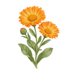 Orange ringblommor med gröna blad.