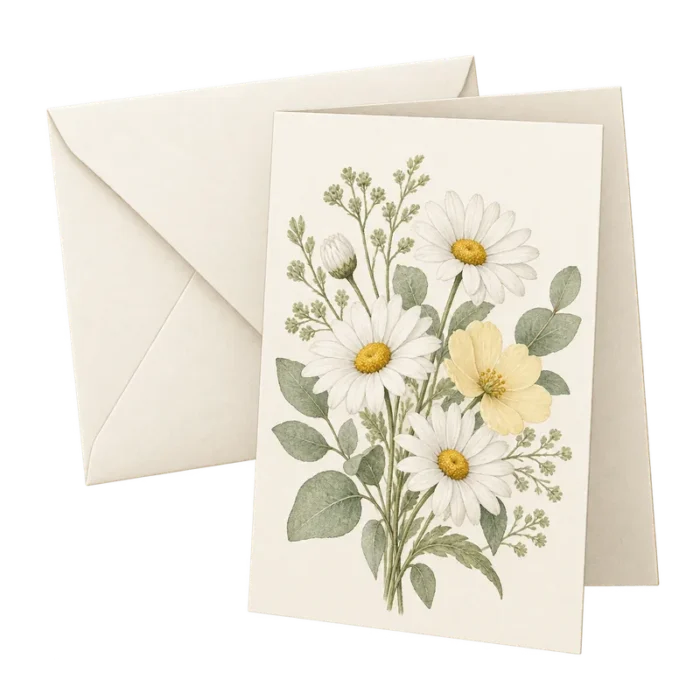 Illustration av ett vikt hälsningskort med ett botaniskt blommotiv.