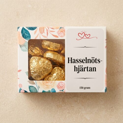 Hasselnöts-hjärtan 150 g i blommig presentask med fönster