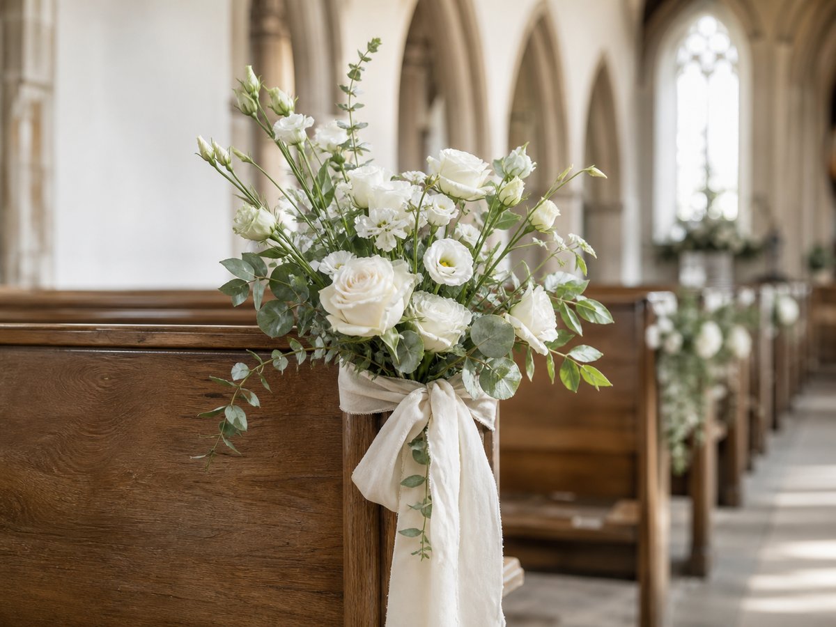 Kyrkdekoration med vita blommor på kyrkbänk – bröllop i Stockholm