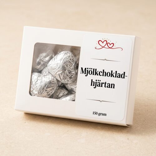 Mjölkchoklad-hjärtan 150 g i vit presentask med fönster