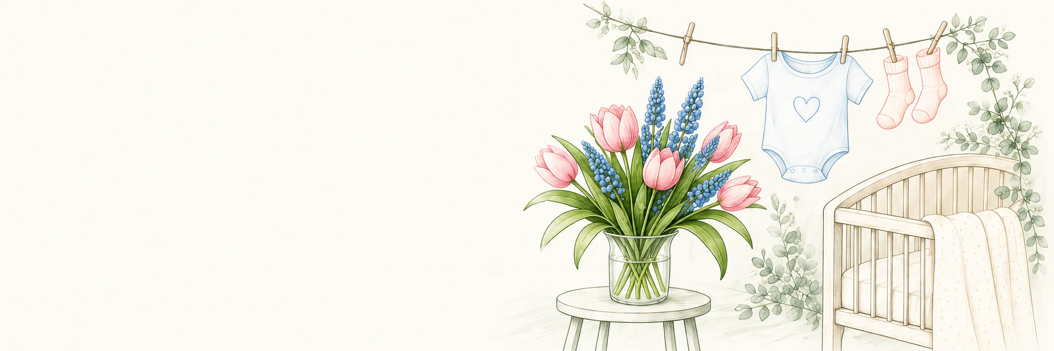 Illustration med babykläder på en tvättlina, en vagga och en vas med rosa tulpaner och blå pärlhyacinter.