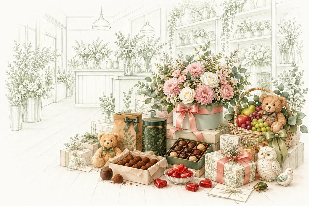 Presenter med choklad, nallar, te och blommor i en illustrerad floristbutik.