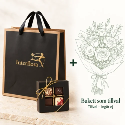 Presentkit Lyx – bukett som tillval Presentkit Lyx: svart presentpåse från Interflora och chokladask med praliner, plus en tecknad bukett som tillval – buketten ingår inte.
