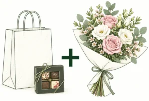 Illustration av en presentpåse och en chokladask med praliner plus en bukett med rosa rosor och eustoma.