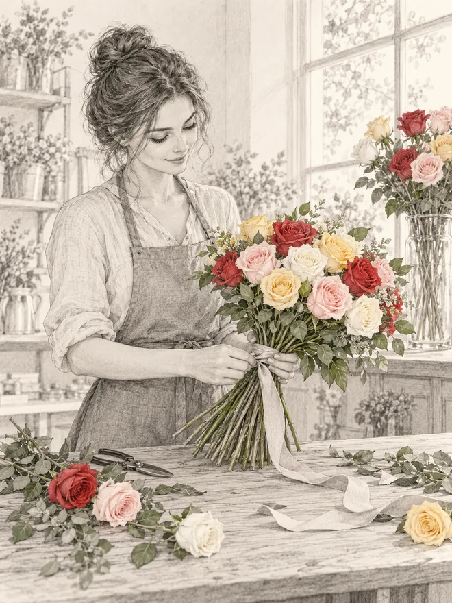 Tecknad illustration: en florist binder en bukett av röda, rosa, vita och gula rosor i butiken.